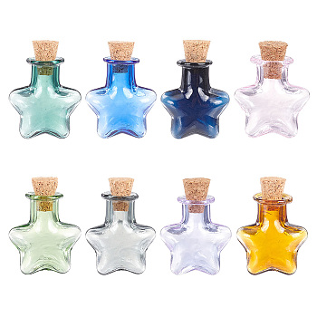 8Pcs 8 Colors Mini High Borosilicate Glass Bottle Bead Containers, Wishing Bottle, with Cork Stopper, Star, Mixed Color, 2.35x2.05cm, 1pc/color