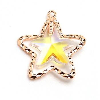 Glass Pendants, with Brass Open Back Bezel, Faceted, Starfish Charms, Light Gold, Clear AB, 27x25.5x7mm, Hole: 1.6mm