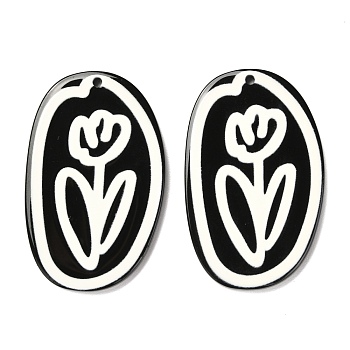 Opaque Acrylic Pendants, Black & White, Oval with Flower, Black, 40.5x26x3mm, Hole: 1.5mm