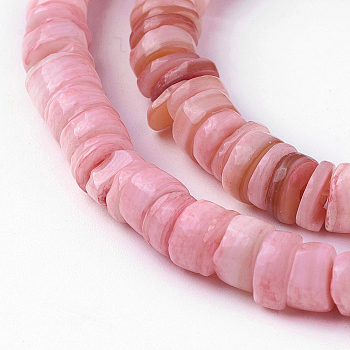 Shell Beads Strands, Dyed, Disc, Pink, 4.9~6x0.4~6mm, Hole: 1.4mm,  about 15.94 inch~16.14 inch(40.5~41cm)