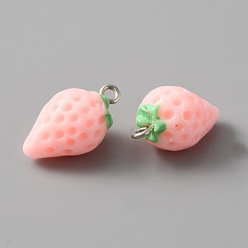 Opaque Resin Pendants, Simulation Strawberry Charm, with Platinum Tone Alloy Loops, Pink, 20~20.5x11~11.5mm, Hole: 2mm