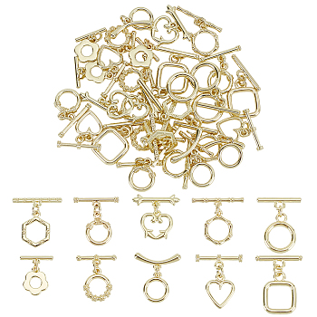 40Pcs 10 Styles Alloy Toggle Clasps, Mixed Shapes, Golden, Ring: 12.5~18x11~14x1.5~3mm, Hole: 1.4~2.5mm, Bar: 4.5~7.5x14~22x1.5~3mm, Hole: 1.4~2.5mm, 4pcs/style