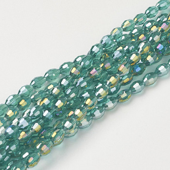 Electroplate Glass Beads Strands, AB Color Plated, Faceted Oval, Light Sea Green, 6x4mm, Hole: 1mm, about 67~68pcs/strand