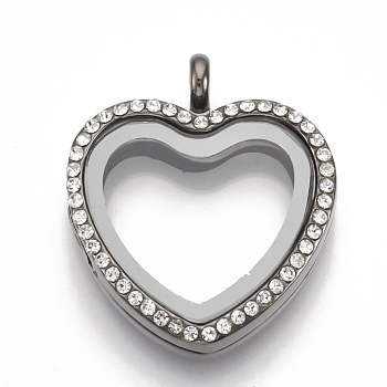 Alloy Magnetic Locket Pendants, with Rhinestone and Glass, Heart, Crystal, Gunmetal, 35x30x8mm, Hole: 4mm, Inner Measure: 20x22mm