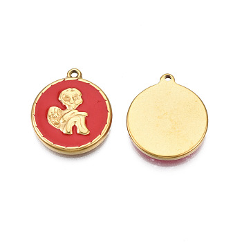 304 Stainless Steel Enamel Pendants, Real 18K Gold Plated, Flat Round with Angel, Dark Red, 19.5x17x2.5mm, Hole: 1.4mm