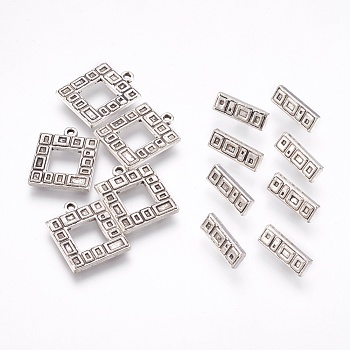 Tibetan Style Alloy Toggle Clasps, Rectangle and Square, Antique Silver, Square Toggles: 22x17.5x2mm, Hole: 1.4mm, Rectangle Bar: 17x6x2.5mm, Hole: 1.8mm