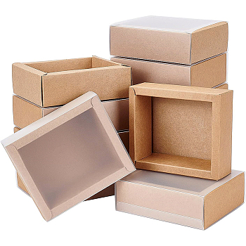 Kraft Paper Jewelry Boxes, with PVC, BurlyWood, Unfold: 33x31x0.05cm, Box: 10.6x8.6x4cm