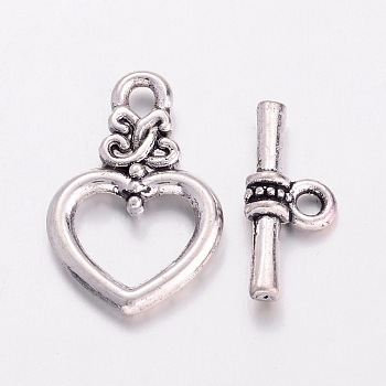 Alloy Toggle Clasps, Bracelet Closures, Lead Free and Cadmium Free & Nickel Free, Antique Silver Color, Heart: 20x13x3.5mm, Hole: 2mm, Bar: 16.5x7.5x4mm, Hole: 2mm