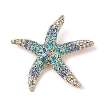 Starfish Alloy Rhinestone Sea Animal Brooches, Golden, Colorful, 51x54mm