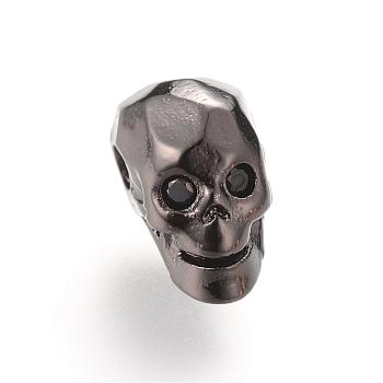 Brass Micro Pave Cubic Zirconia Beads, Skull, Gunmetal, 12x7.5x9mm, Hole: 2mm