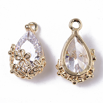 Brass Pendants, with Faceted Glass, teardrop, with Flower, Real 18K Gold Plated, Nickel Free, Clear, 17x10x7mm, Hole: 1.4mm