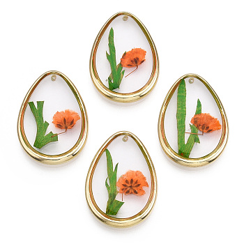 Alloy Epoxy Resin Pendants, with Handmade Dried Flower Inside, Teardrop Charms, Coral, 28x20x3.5mm, Hole: 1.2mm