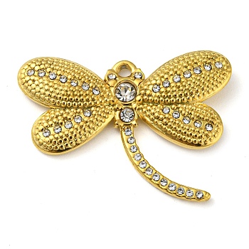 Ion Plating(IP) Real 18K Gold Plated 304 Stainless Steel Rhinestone Pendants, Dragonfly Charms, Crystal, 22x30x2.5mm, Hole: 1.6mm