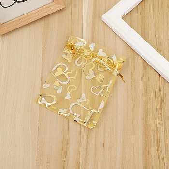 Rectangle Organza Drawstring Gift Bags, Gold Stamping Heart Pouches for Wedding Party Gift Storage, Gold, 12x9cm