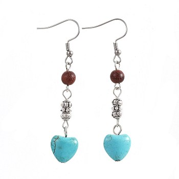 Synthetic Turquoise Dangle Earrings, with Natural Sandalwood and Alloy Beads, 304 Stainless Steel Earring Hooks, Heart, 61mm, Pin: 0.7mm