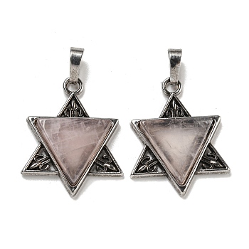 Natural Rose Quartz Pendants, Star of David Charms, with Antique Silver Tone Alloy Findings, Cadmium Free & Lead Free, 29x23.5x5mm, Hole: 7x5mm