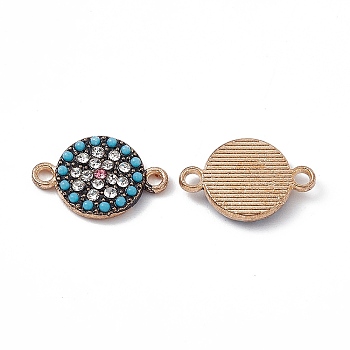 Alloy Connector Charms, Flat Round Links, with Crystal Rhinestones and Synthetic Turquoise, Light Gold, 15x10x2.2mm, Hole: 1.6mm