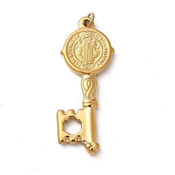 Ion Plating(IP) 304 Stainless Steel Pendants, with Jump Ring, Key with Cssml Ndsmd Cross God Father Religious Christianity, Real 14K Gold Plated, 35x15x2.5mm, Hole: 3mm