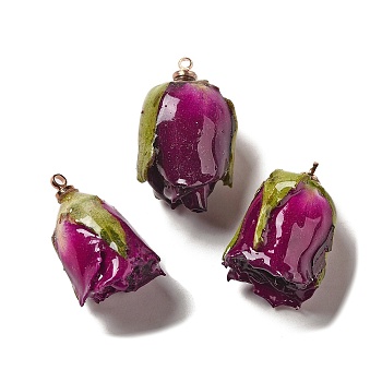 Preserved Rose with Golden Alloy Pendants, Medium Violet Red, 26.5~29x16~18x15~15.5mm, Hole: 2mm