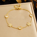 304 Stainless Steel Pave Clear Cubic Zirconia Link Bracelets, Cable Chain Bracelets for Women, Golden, Flower & Oval, 6.30 inch(16cm)(WG6625B-02)