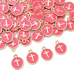 60Pcs Alloy Enamel Pendants, Light Gold, Flat Round with Cross, Hot Pink, 15x12mm(ENAM-YW0008-02A)