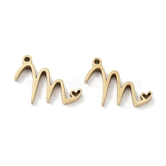 304 Stainless Steel Charms, Laser Cut, Real 14K Gold Plated, Letter M, 15x8.5x1.5mm, Hole: 1mm(STAS-M327-02G-M)