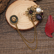 Creative Camellia Retro Alloy Hanging Chain Brooch, Rhinestone Jewelry for Men's Suit Collar Accessory, Purple, 100mm(PW-WG11197-02)