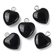 Natural Obsidian Pendants, Heart Charms with Platinum Plated Brass Loops, 14.8~15x12x4.1~4.6mm, Hole: 2mm(G-E603-01P-04)