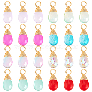 64Pcs 8 Color Copper Wired Glass Pendants, Teardrop Charms, Mixed Color, 13x6x5mm, Hole: 2.6mm, 8pcs/colors(PALLOY-AB00258)