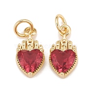 Brass Inlaid Clear Cubic Zirconia Charms, Real 18K Gold Plated, Lead Free & Cadmium Free, Heart, Crimson, 14x7x4mm, Hole: 3mm(KK-A161-29G-A)