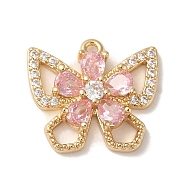 Brass Micro Pave Clear Cubic Zirconia Charms, Butterfly with Flower, Pearl Pink, Real 14K Gold Plated, 14.5x16x3.5mm, Hole: 1.4mm(KK-G499-08G)