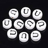 Handmade Porcelain Beads, Horizontal Hole, Flat Round with Letter, White, Letter.U, 8~8.5x4.5mm, Hole: 2mm(PORC-Q259-01U)