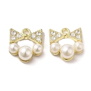 Alloy with Rhinestone Pendants, with ABS Imitation Pearl, Bowknot Charms, Golden, 18x16x8mm, Hole: 2mm(FIND-B032-09G)