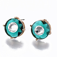 Brass Stud Earrings, with Glass and Steel Pins, Flat Round, Light Gold, Light Sea Green, 14mm, Pin: 0.6mm(GLAA-S193-039D-LG)