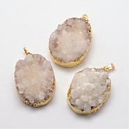 Electroplate Natural Druzy Quartz Crystal Pendants, Dyed, with Golden Plated Brass Finding, Drop, White, 32~62x20~35x16~29mm, Hole: 5x8.5mm(G-F333-K06)