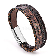 Multi-Layer Braided Leather Cord Bracelets, with Magnetic Buckles, Camel, 8-1/4 inch(21cm)(PW-WG46409-04)