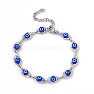 304 Stainless Steel Horse Eye Link Chain Bracelet with Resin Evil Eye Beaded for Women, Blue, 6-7/8 inch(17.5cm)(BJEW-F439-01P-02)
