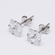 Cubic Zirconia Ear Studs, with Stainless Steel Base, Stainless Steel Color, 8x8mm, Pin: 0.7mm(X-STAS-E051-2E)