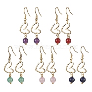 Natural Mixed Gemstone Dangle Earrings, Golden Brass Heart Drop Earrings, 41x11mm(EJEW-JE05658)