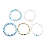 5Pcs 5 Style Polymer Clay Heishi Surfer Stretch Bracelets Set, Glass & Synthetic Turquoise Starfish & Evil Eye Lampwork & Brass Beaded Stackable Bracelets, Mixed Color, Inner Diameter: 2-1/4~2-3/8 inch(5.6~6cm), 1Pc/style(BJEW-TA00353)