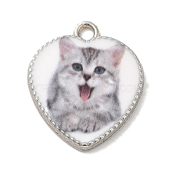 Alloy Pendant, Heart with Cat, Platinum, Snow, 21x18x2.5mm, Hole: 2mm(FIND-H045-08P-07)