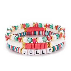 3Pcs 3 Style Polymer Clay Heishi Surfer Stretch Bracelets Set with Word Jolly Acrylic Beads, Stackable Bracelets with Glass for Women, Mixed Color, Inner Diameter: 2-1/8 inch(5.5cm), 1Pc/style(BJEW-TA00129)