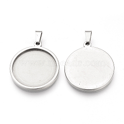 201 Stainless Steel Pendant Cabochon Settings, Flat Round, Stainless Steel Color, Tray: 24.5mm, 32x28x4.5mm, Hole: 7.5x3.5mm(STAS-S073-04A-P)