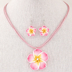 Flower Polymer Clay with Wax Cord Pendant Necklaces & Dangle Earrings Sets, Hot Pink, 400mm(FS-WG2CAA9-06)