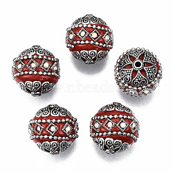 Handmade Indonesia Beads, with Crystal AB Rhinestone and Brass Findings, Round, Antique Silver, FireBrick, 19.5x20mm, Hole: 1.8mm(IPDL-T001-05)