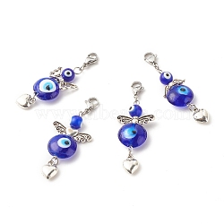 Wings & Heart Tibetan Style Alloy Pendant Decorates, with Evil Eye Lampwork Beads & 304 Stainless Steel Lobster Claw Clasps, Medium Blue, 57mm(HJEW-JM00608)