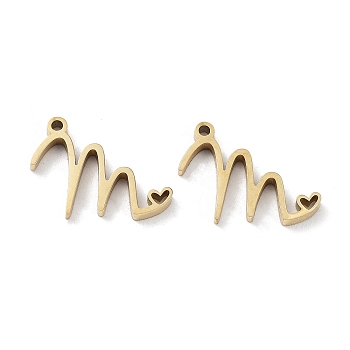 304 Stainless Steel Charms, Laser Cut, Real 14K Gold Plated, Letter M, 15x8.5x1.5mm, Hole: 1mm