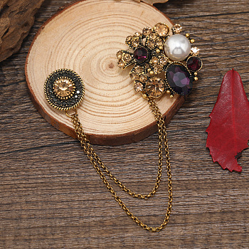 Creative Camellia Retro Alloy Hanging Chain Brooch, Rhinestone Jewelry for Men's Suit Collar Accessory, Purple, 100mm