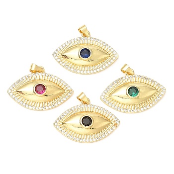 Rack Plating Brass Micro Pave Cubic Zirconia Pendants, with Glass, Long-Lasting Plated, Lead Free & Cadmium Free, Evil Eye, Mixed Color, 20.5x29.5x5mm, Hole: 4x3.5mm