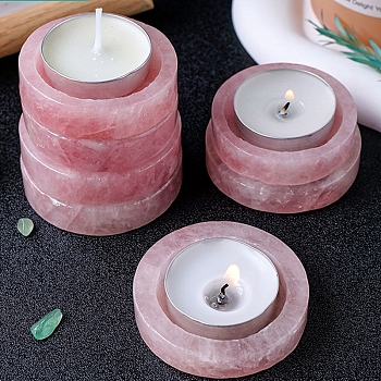 Natural Rose Quartz Candle Holders, Flat Round, Pink, 50~60mm